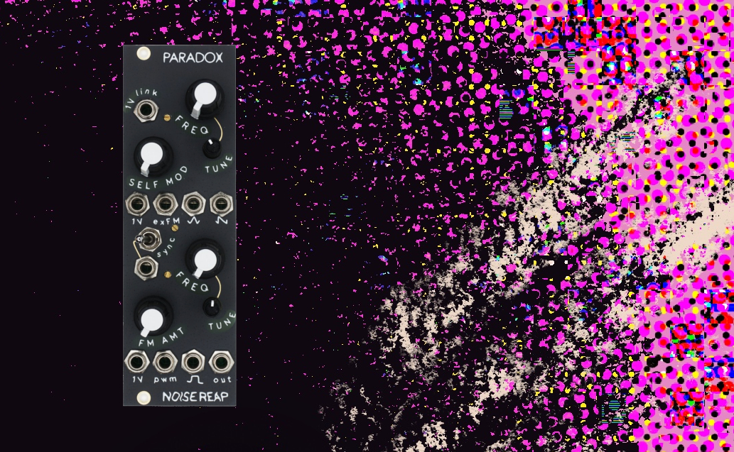 Paradox Dual VCO Eurorack module on a trippy artistic background